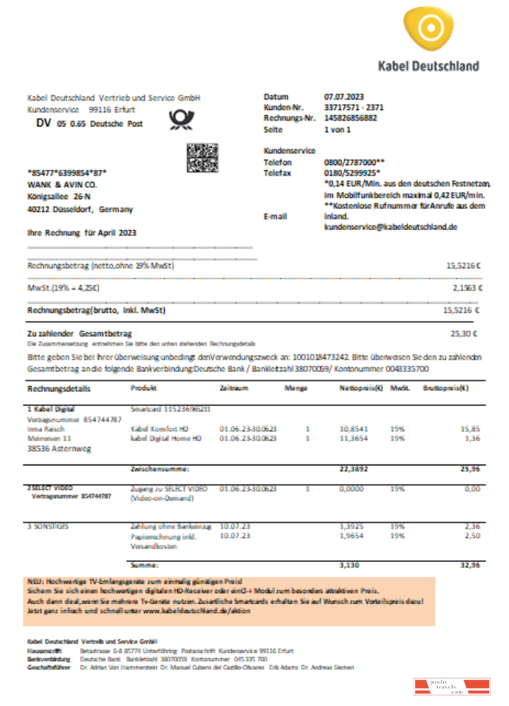 Germany TV Cabel utility business bill,  SCR PSD template